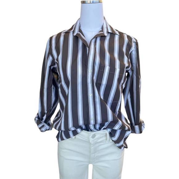 NEW FRANK & EILEEN women's joedy boyfriend button up shirt in brown stripe - Picture 2 of 2